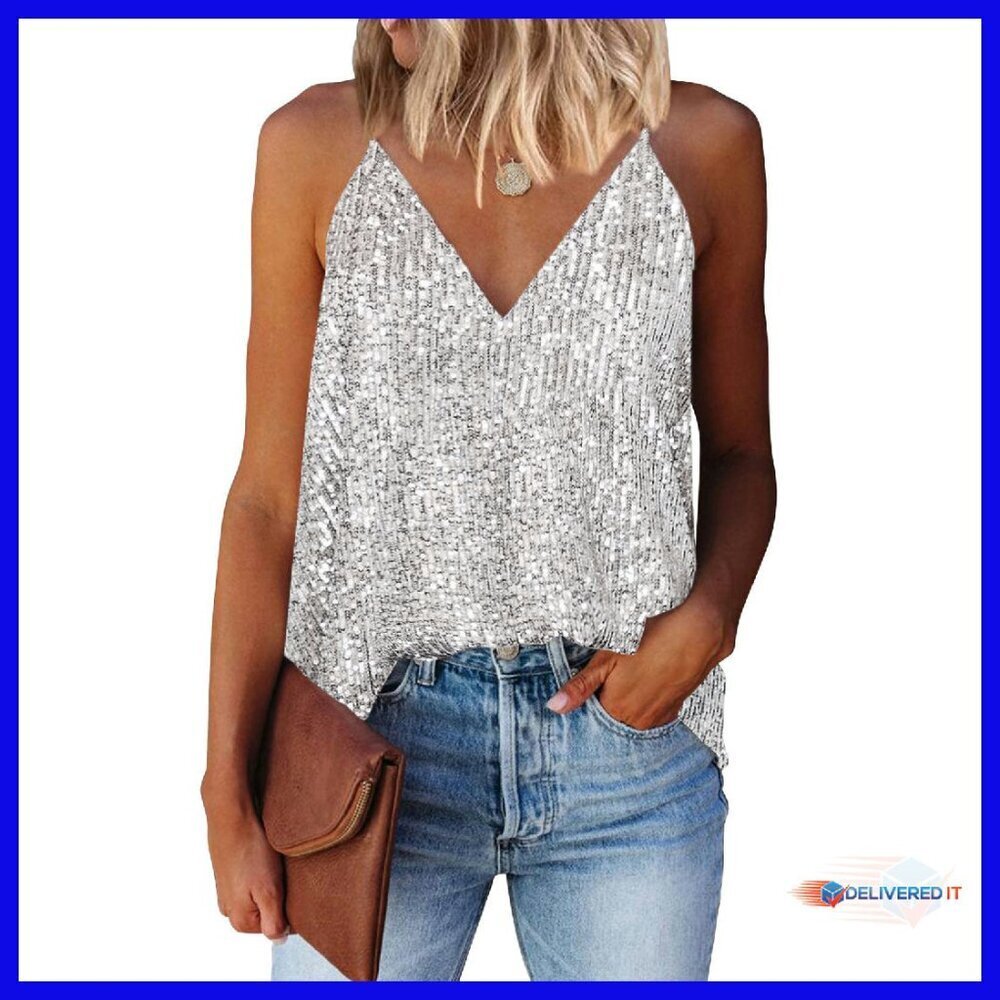 Sequin V-Neck Tank Top with Adjustable Straps - Sparkle Party Wear